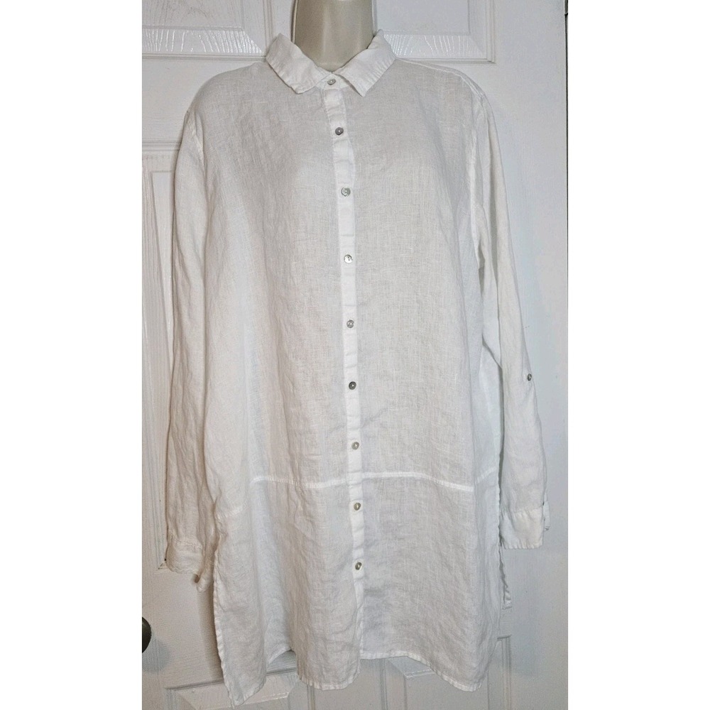 Tahari 100% Linen Button Down Shirt Blouse Tunic Roll Tab White Womens XL NWOT